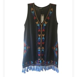 EMBROIDERED TASSLE V-NECKLINE SLEEVELESS TUNIC Dress TOP NWT SZ 8